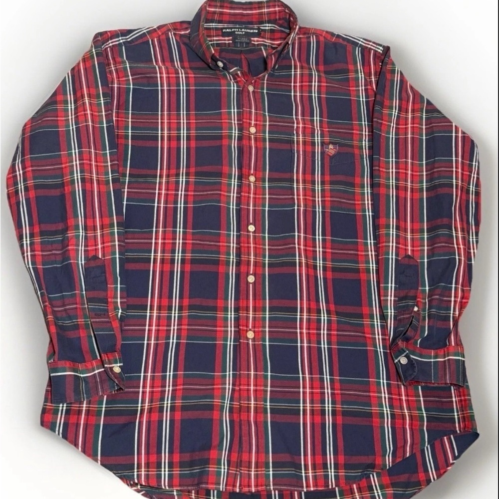 Vintage 90s Polo Ralph Lauren Golf Large Tilden Plaid Print Flannel Shirt Pony